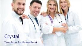  Presentation with medical emergency trauma team - Beautiful PPT theme featuring portrait of successful medical team backdrop and a sky blue colored foreground