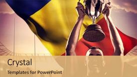  Presentation with trophy - Cool new slide deck with portrait of successful rugby player holding trophy against rugby stadium backdrop and a yellow colored foreground