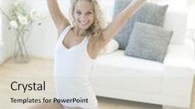  Presentation with weighing scale - Beautiful presentation design featuring portrait of successful woman crouching on weighing scale backdrop and a soft green colored foreground