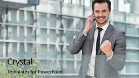  Presentation with successful - Colorful slides enhanced with portrait of successful young businessman using cell phone against office building backdrop and a light gray colored foreground
