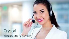  Presentation with support - Beautiful PPT theme featuring portrait of support phone operator backdrop and a sky blue colored foreground