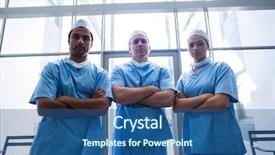  Presentation with healthcare workers - PPT theme having portrait of surgeons with arms background and a ocean colored foreground