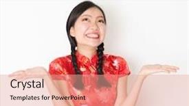  Presentation with chinese new year lunar - Presentation theme having portrait of surprise young asian woman in traditional qipao dress with hand opened and looking up celebrating chinese lunar new year or spring festival standing on plain background background and a coral colored foreground