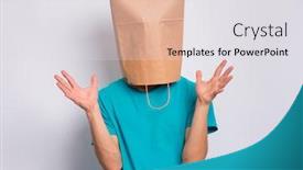  Presentation with child teen - Beautiful PPT theme featuring portrait of surprised teen boy with paper bag over head raised hands on gray background happy child posing at studio backdrop and a light gray colored foreground