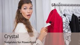  Presentation with boutique - Presentation theme featuring portrait of surprised woman holding price tag and looking at camera at a boutique background and a mint green colored foreground