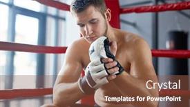  Presentation with boxing fight - Cool new slide deck with portrait of sweaty shirtless man sitting in boxing ring and adjusting gloves after fight backdrop and a tawny brown colored foreground