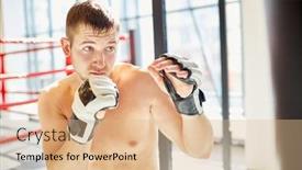  Presentation with boxing fight - Slide deck enhanced with portrait of sweaty shirtless sports man hitting punching bag during boxing practice in sunlit fight club background and a coral colored foreground