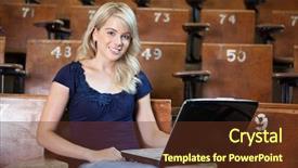  Presentation with lecture hall - Amazing presentation theme having portrait of sweet young college girl using laptop in university lecture hall backdrop and a tawny brown colored foreground