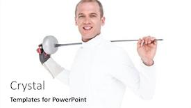  Presentation with sword - PPT theme featuring portrait of swordsman holding fencing sword on white background background and a white colored foreground