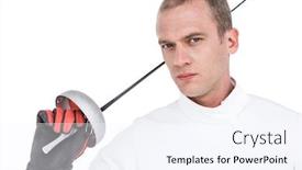  Presentation with sword - Colorful slide deck enhanced with portrait of swordsman holding fencing sword on white background backdrop and a sky blue colored foreground