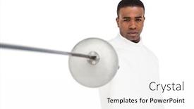  Presentation with sword - PPT theme having portrait of swordsman practicing with fencing sword on white background background and a white colored foreground