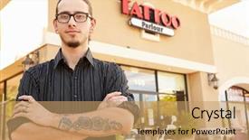  Presentation with tattoo - PPT theme with portrait of tattoo artist standing background and a coral colored foreground