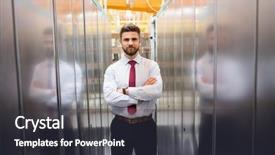  Presentation with server room - Colorful slide set enhanced with portrait of technician standing with arms crossed in a server room backdrop and a dark gray colored foreground