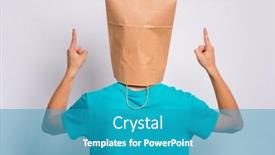  Presentation with child teen - Presentation design consisting of portrait of teen boy - back view with paper bag over head pointing hands up at copyspace on gray background child pointing fingers at something - rear view background and a teal colored foreground