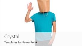  Presentation with child teen - Cool new PPT theme with portrait of teen boy with paper bag over head making greeting gesture with palm isolated on white background child showing raised hand up backdrop and a white colored foreground