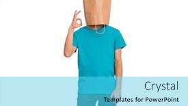  Presentation with child teen - Presentation theme consisting of portrait of teen boy with paper bag over head making ok gesture isolated on white background child showing okay sign background and a cyan colored foreground