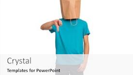  Presentation with child teen - Audience pleasing slide deck consisting of portrait of teen boy with paper bag over head giving thumb down gesture isolated on white background child with negative expression and disapproval backdrop and a white colored foreground