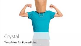  Presentation with child teen - PPT theme featuring portrait of teen boy with paper bag over head raised his hands and shows biceps isolated on white background child shows biceps background and a white colored foreground