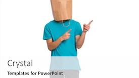  Presentation with child teen - Slide set consisting of portrait of teen boy with paper bag over head pointing hands away at copyspace isolated on white background child pointing fingers at something background and a white colored foreground