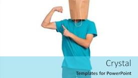  Presentation with paper bag - Colorful presentation enhanced with portrait of teen boy with paper bag over head raised his hands and shows biceps isolated on white background child shows biceps backdrop and a cyan colored foreground