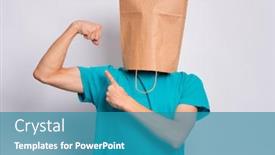 Presentation with child teen - Slide set consisting of portrait of teen boy with paper bag over head raised his hands and shows biceps teenager cover head with bag shows biceps posing in studio child pulling paper bag over head background and a teal colored foreground