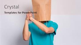  Presentation with paper making - Slide deck having portrait of teen boy with paper bag over head showing winning gesture successful and celebrating victory triumphant child making win sign teenager cover head with bag isolated on white background background and a coral colored foreground