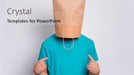  Presentation with paper making - PPT theme having portrait of teen boy with paper bag over head making fingers up gesture teenager cover head with bag pointing fingers on himself child pulling paper bag over head posing in studio background and a light gray colored foreground