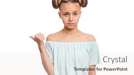  Presentation with sad teen - PPT layouts enhanced with portrait of teen girl pointing to back behind with fingers isolated on white background cute young teenager fears and stressed sad child looking at camera with shocked background and a white colored foreground