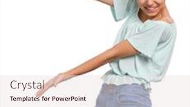  Presentation with child teen - Presentation design enhanced with portrait of teen girl presenting something while smiling for camera isolated on white background emotions and signs concept child showing empty copy space background and a sky blue colored foreground