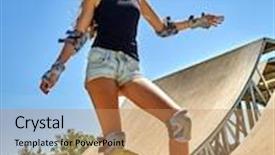  Presentation with sport blue - Slides with portrait of teen girl standing on his skateboard aganist blue sky outdoor skate sport background and a coral colored foreground