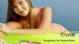  Presentation with mattress - Slides enhanced with portrait of teenage girl in bikini lying on mattress and sunbathing background and a yellow colored foreground