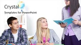  Presentation with teenage - Beautiful presentation design featuring portrait of teenage lad and girl looking at teacher while listening to her backdrop and a white colored foreground