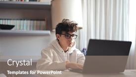  Presentation with computer - PPT theme enhanced with portrait-of-teenager-with-glasses background and a coral colored foreground