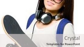  Presentation with young generation - Audience pleasing PPT layouts consisting of portrait of teenager with skateboard wearing sunglasses earphones and rucksack isolated on white concept of young generation backdrop and a light gray colored foreground