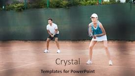  Presentation with net - Audience pleasing slide set consisting of portrait of tennis players through the net backdrop and a coral colored foreground