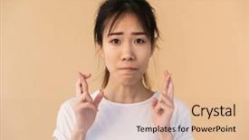  Presentation with asian - Slide set enhanced with portrait of tense asian woman background and a coral colored foreground