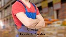  Presentation with handyman - Presentation theme featuring portrait of the smiling professional handyman at store background and a coral colored foreground