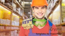  Presentation with handyman - Presentation design enhanced with portrait of the smiling professional handyman at store background and a coral colored foreground
