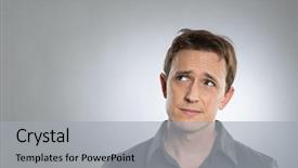  Presentation with man looking up happy - Cool new slide deck with portrait of thoughtful young man backdrop and a light gray colored foreground