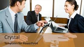  Presentation with project - Cool new presentation theme with portrait of three business people discussing a new project at meeting backdrop and a gold colored foreground