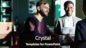  Presentation with african people - Beautiful presentation design featuring portrait of three business people one of them african meeting in sunlit cafe drinking coffee and smiling happily backdrop and a black colored foreground