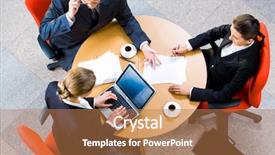  Presentation with round table - Beautiful slides featuring portrait of three business person backdrop and a coral colored foreground