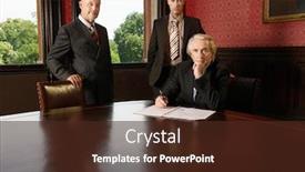  Presentation with three - Presentation design consisting of portrait-of-three-businessmen background and a tawny brown colored foreground