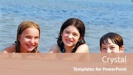  Presentation with lake dock - Audience pleasing presentation theme consisting of portrait of three children holding onto wooden dock at the lake backdrop and a coral colored foreground