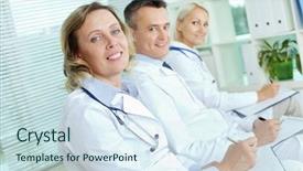  Presentation with conference - PPT layouts consisting of portrait of three clinicians with clipboards making notes at medical conference background and a sky blue colored foreground