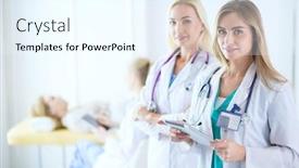  Presentation with three - Presentation design enhanced with portrait-of-three-confident-female background and a cool aqua colored foreground