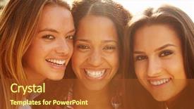  Presentation with portrait of excited overjoyed female - Beautiful presentation featuring portrait of three female friends backdrop and a tawny brown colored foreground