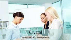  Presentation with females - Theme having portrait of three females working in office background and a light blue colored foreground