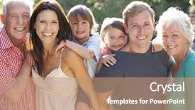  Presentation with three - Presentation theme with portrait of three generation family background and a coral colored foreground