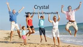  Presentation with multiethnics familly jumping in the air - Slides with portrait of three generation family background and a light blue colored foreground